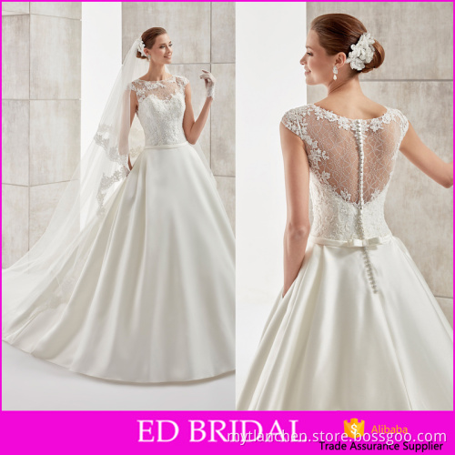 Custom Made 2016 Cap Sleeve Appliques Transparent Lace Satin Pocket Exotic Wedding Dresses